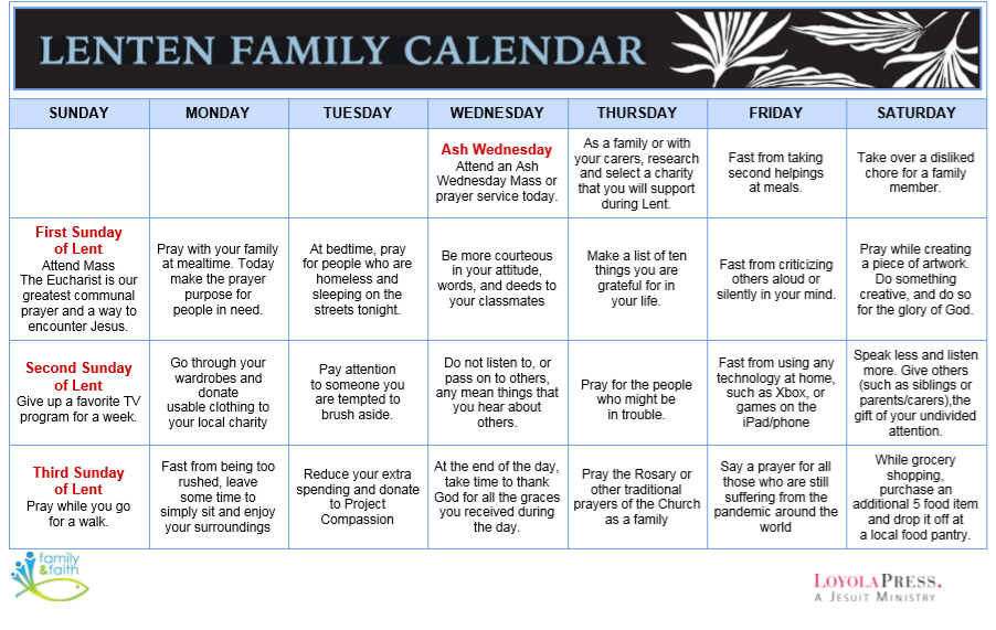 lenten Family Calendar 1 HOLY SPIRIT CATHOLIC PRIMARY SCHOOL NORTH RYDE